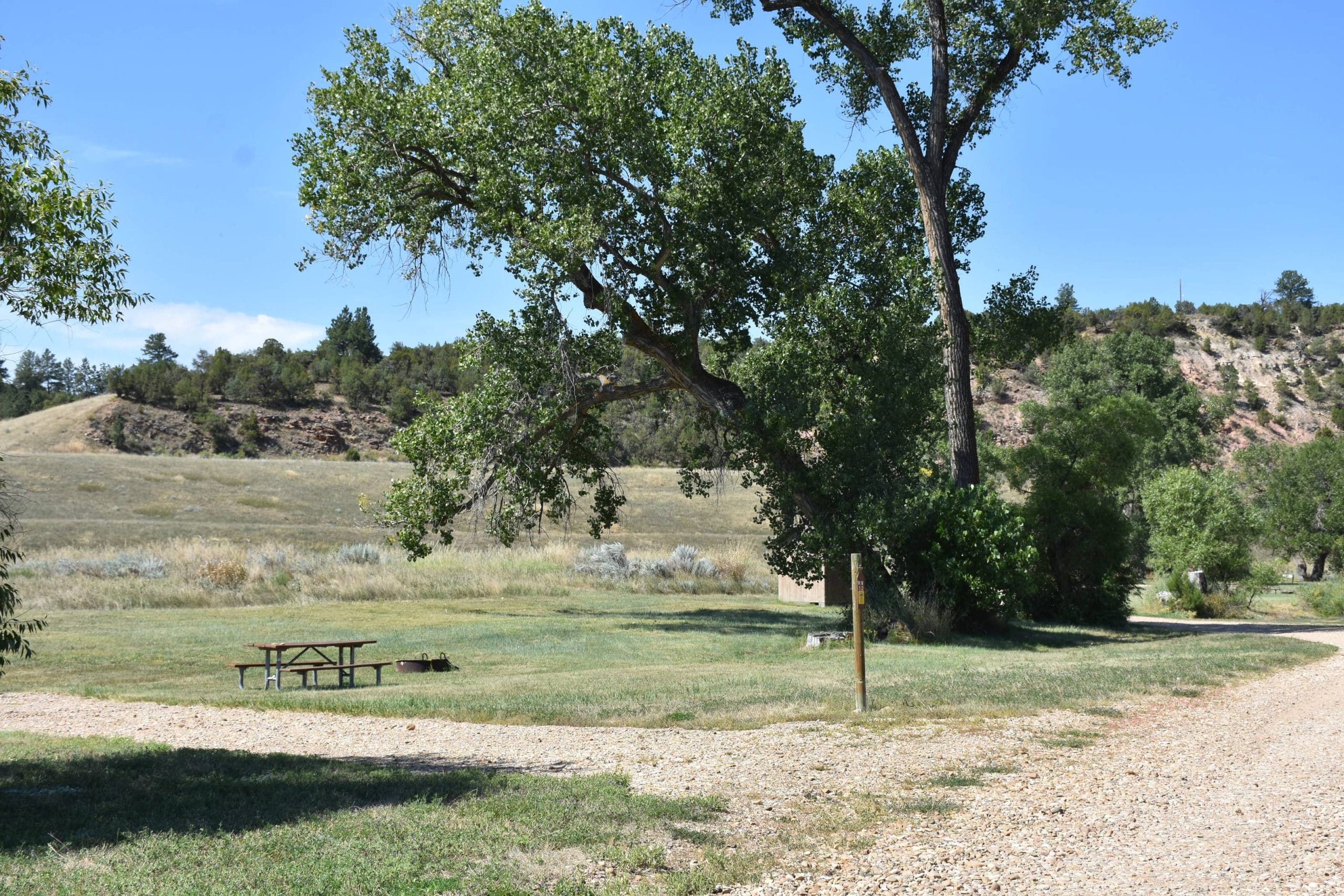 Lush, green rv camping spot at Tongue River Reservoir State park